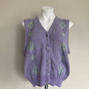 Vintage 90s Liz Claiborne Lavender Argyle Preppy Sweater Vest Womens Large